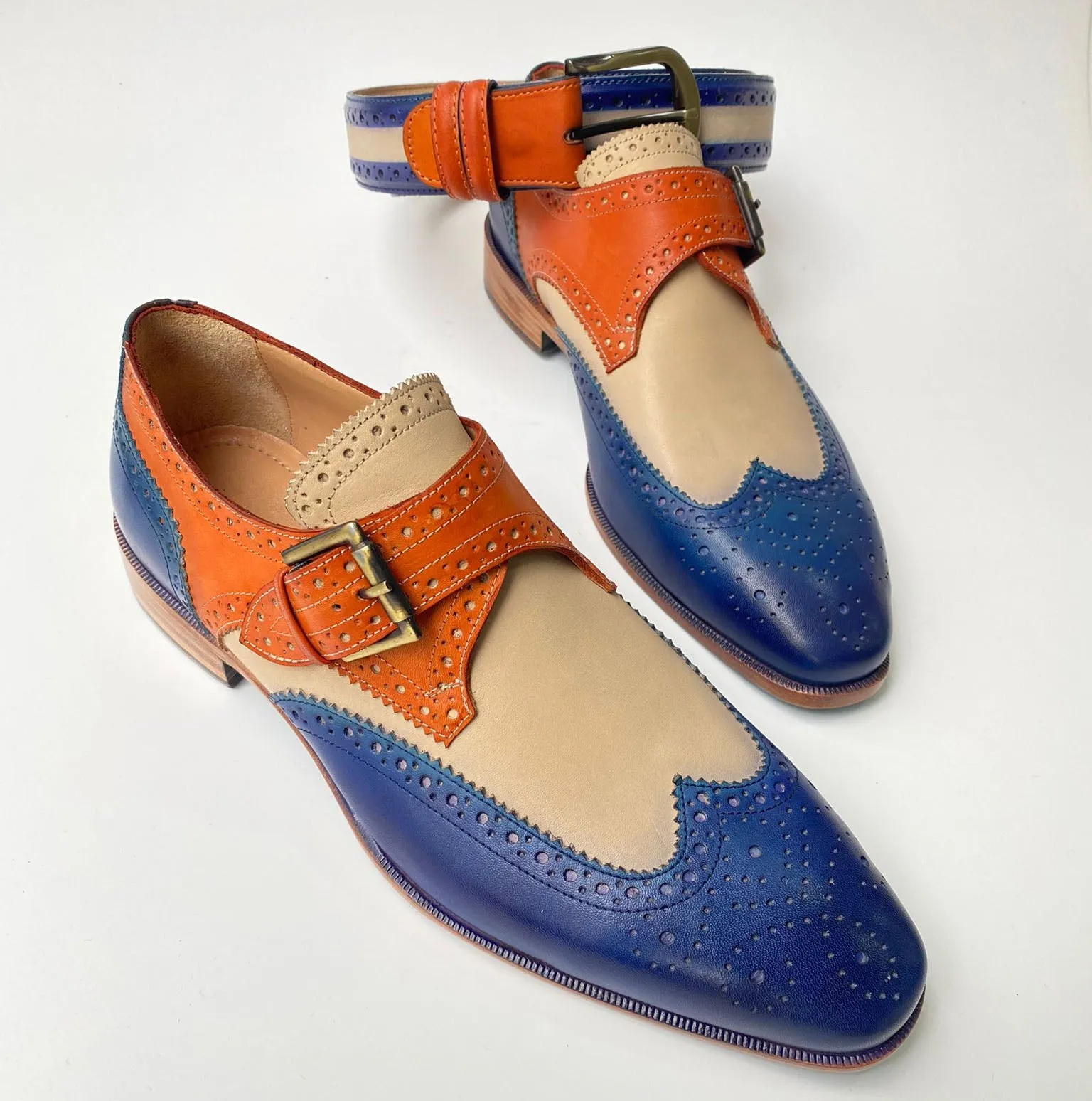 TucciPolo Handmade 3-Tone Brogue Luxury Italian all Leather Mens Dress Single Buckle Monkstrap Shoe with Matching Belt Combo