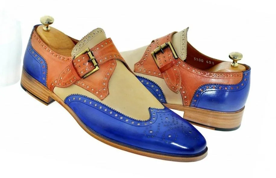 TucciPolo Handmade 3-Tone Brogue Luxury Italian all Leather Mens Dress Single Buckle Monkstrap Shoe with Matching Belt Combo