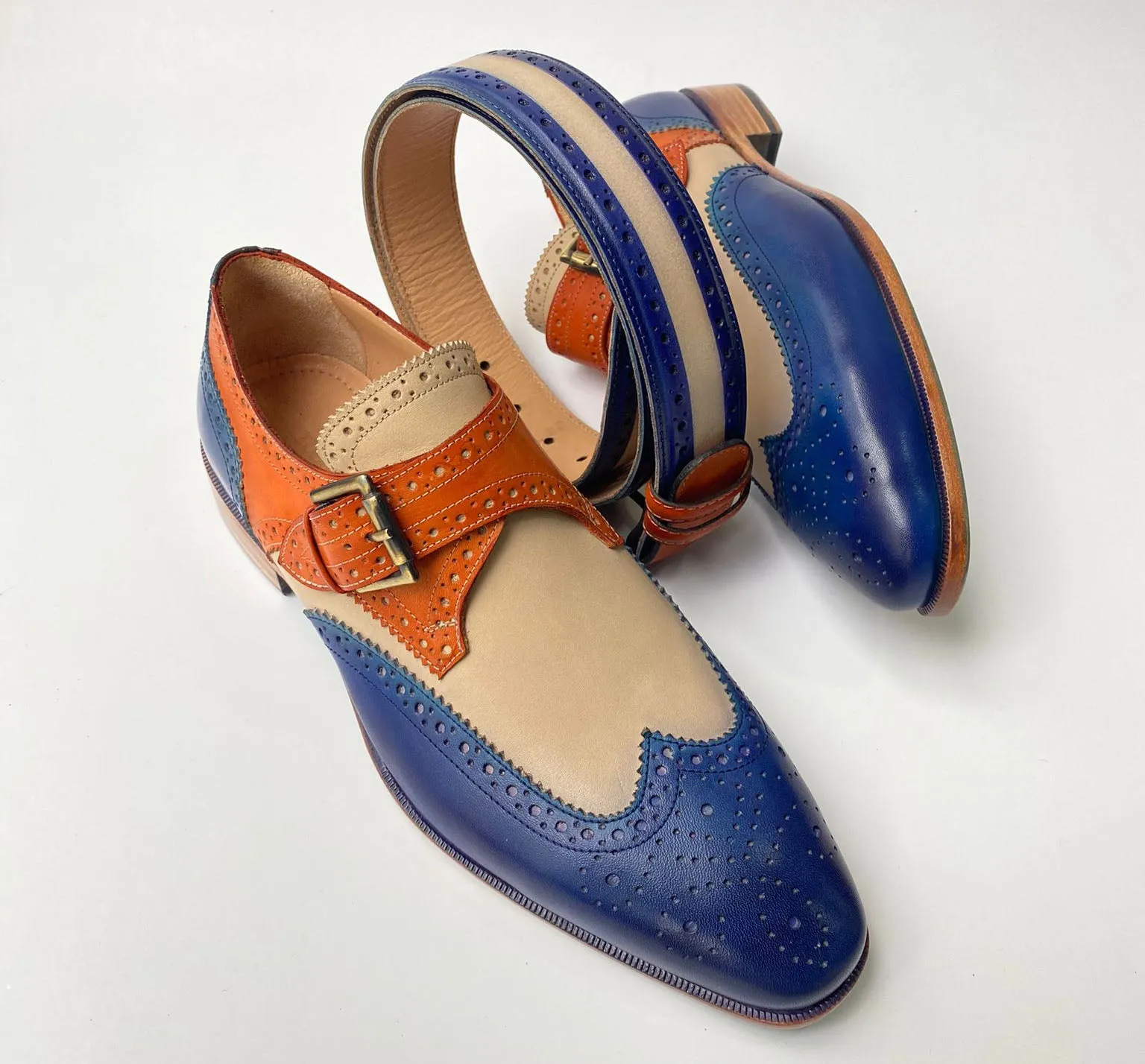 TucciPolo Handmade 3-Tone Brogue Luxury Italian all Leather Mens Dress Single Buckle Monkstrap Shoe with Matching Belt Combo