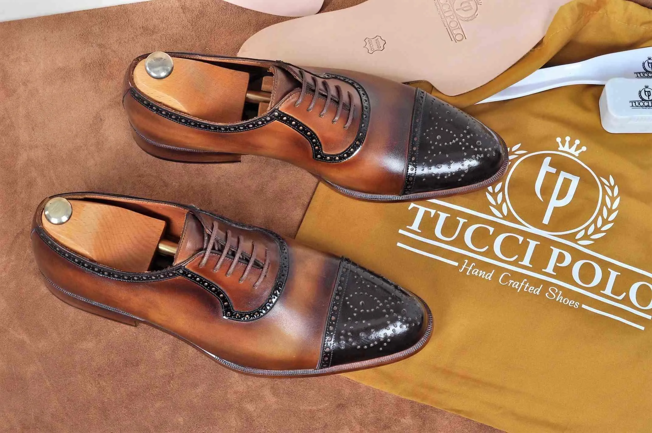 TucciPolo Handmade Brown Captoe Oxfords Mens Luxury Brogue Italian Leather Shoe