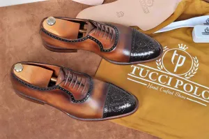 TucciPolo Handmade Brown Captoe Oxfords Mens Luxury Brogue Italian Leather Shoe