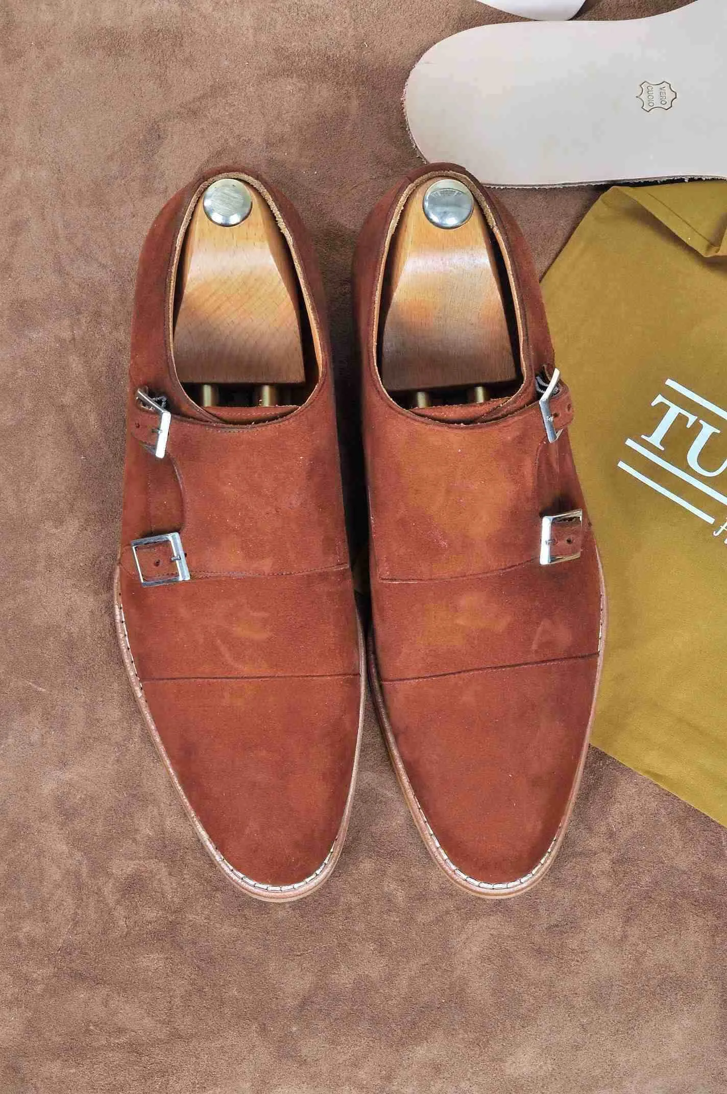 TucciPolo Handmade Double Buckle Monkstrap Mens Luxury Suede Shoe