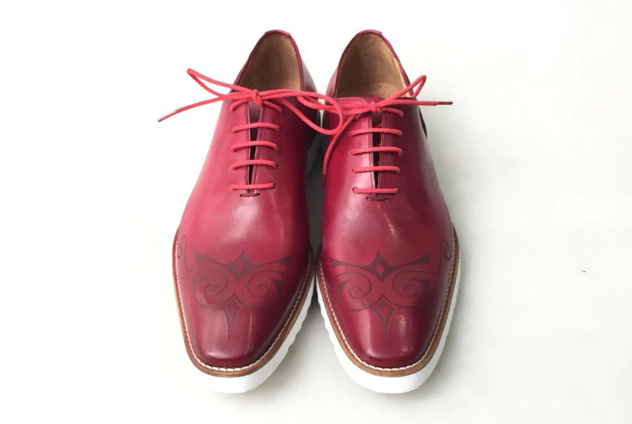 TucciPolo Handmade Italian Calf Skin Leather Oxford Style Casual Red Sneaker Dress Shoe