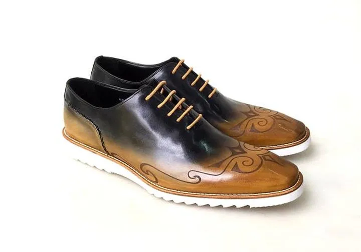 TucciPolo Handmade Italian Calf Skin Leather Oxford Style Casual two tone Black and brown Sneaker