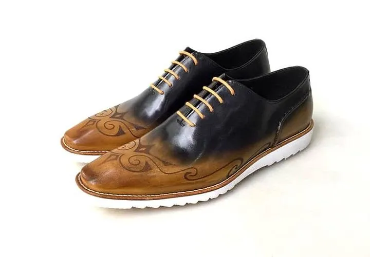 TucciPolo Handmade Italian Calf Skin Leather Oxford Style Casual two tone Black and brown Sneaker