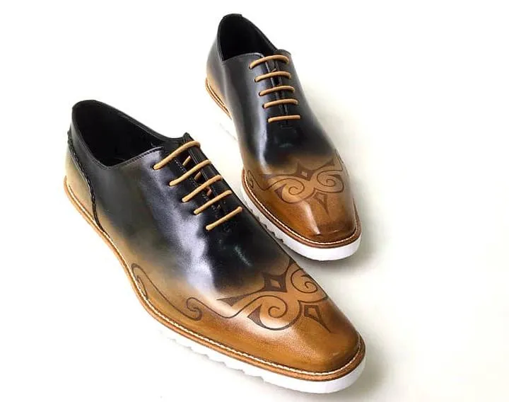 TucciPolo Handmade Italian Calf Skin Leather Oxford Style Casual two tone Black and brown Sneaker