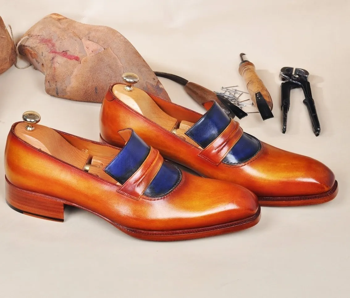 TucciPolo Handmade Leather Luxury Handpolished Tan & Blue Mens Loafers Shoe