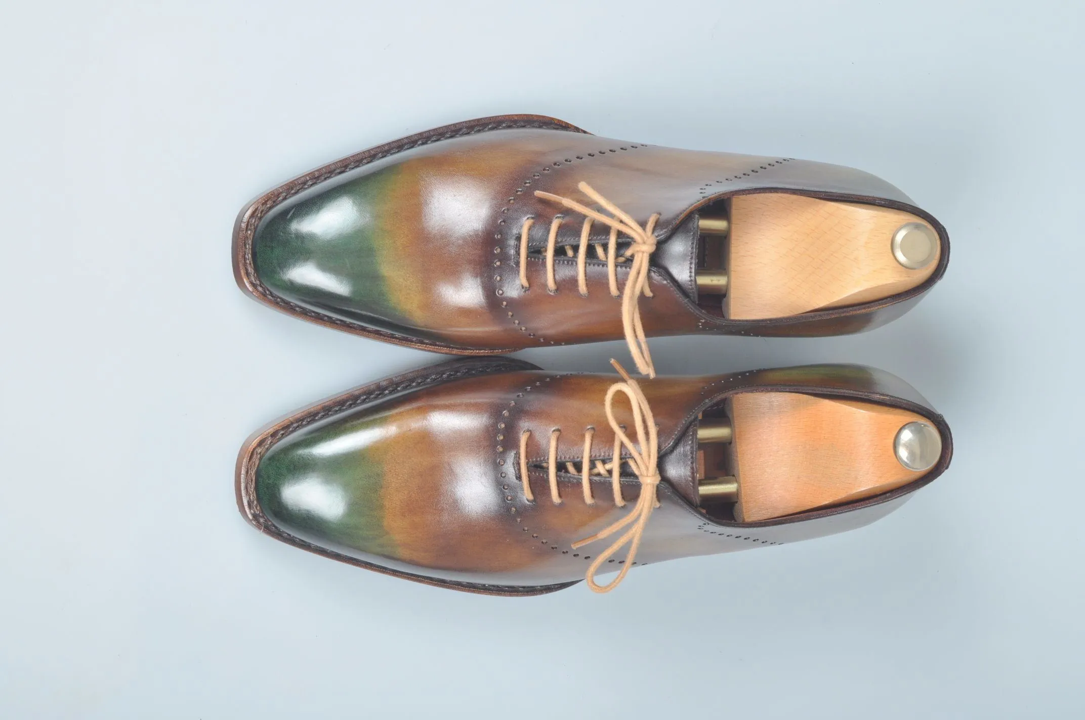 TucciPolo Handmade Luxury Brown and Green Goodyear Welted Oxford Mens Italian Leather Shoes