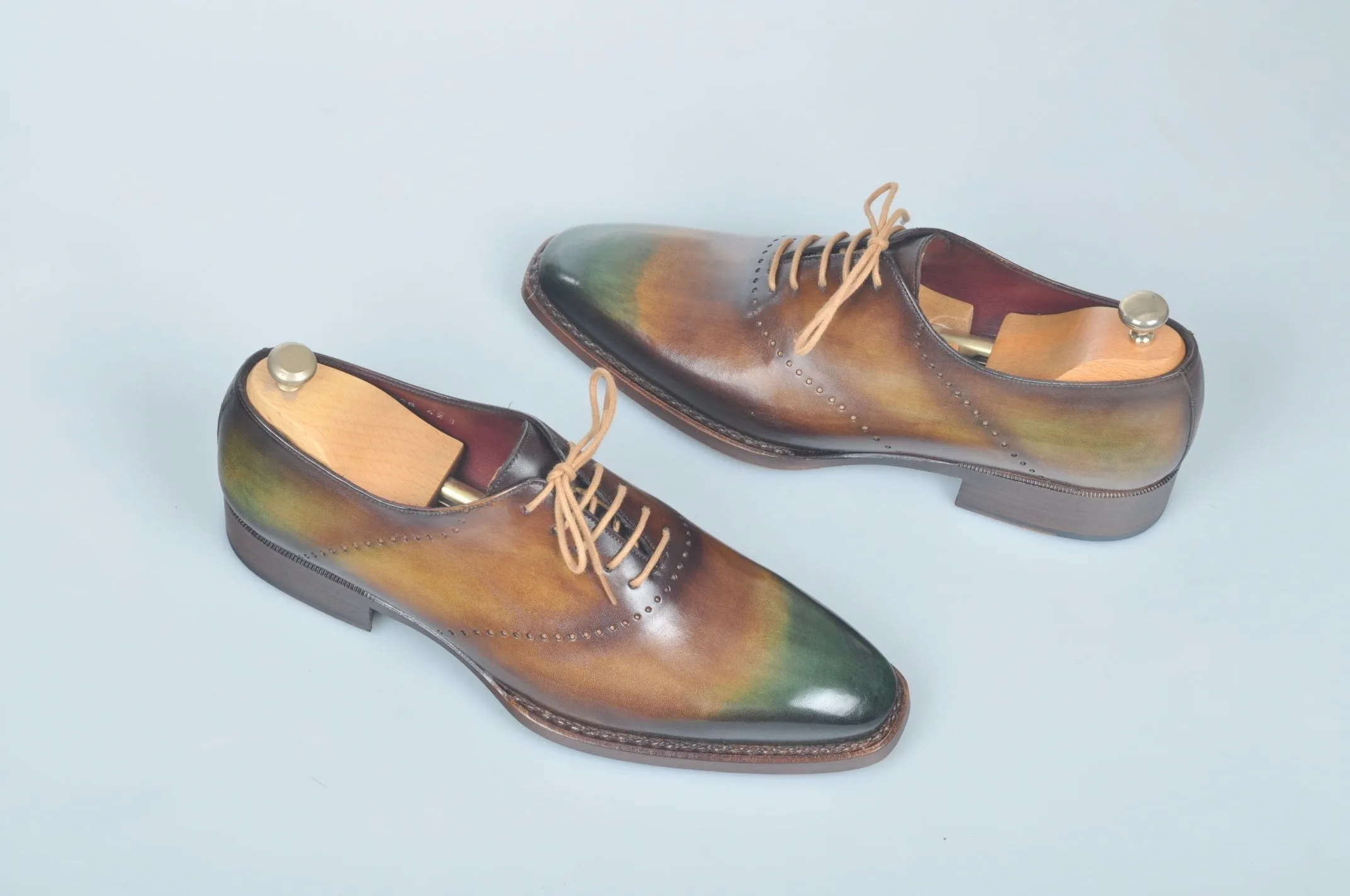 TucciPolo Handmade Luxury Brown and Green Goodyear Welted Oxford Mens Italian Leather Shoes