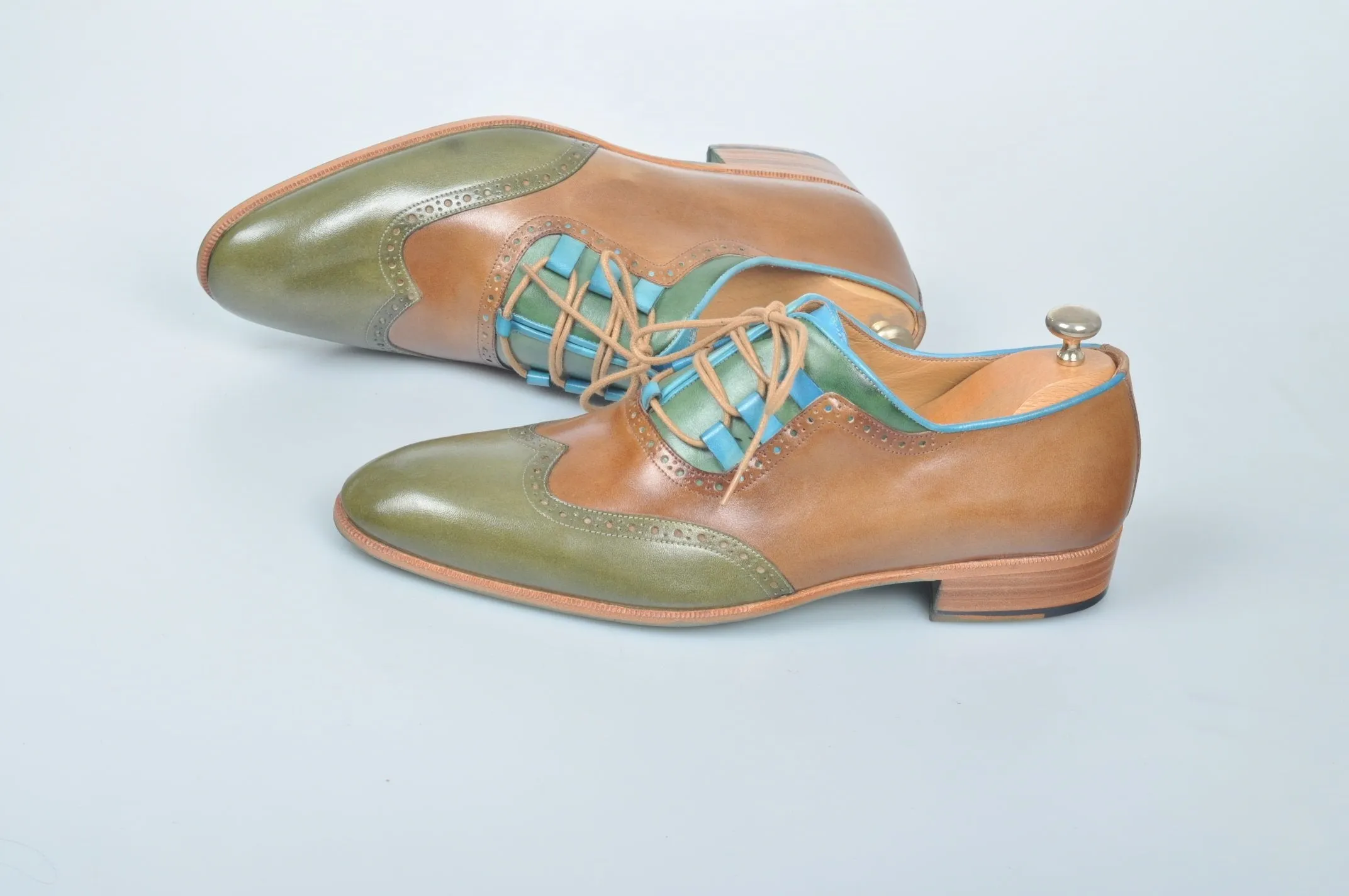 TucciPolo Handmade Luxury Tri-Color Brown and Green with Blue Trim Mens Italian Leather Shoes