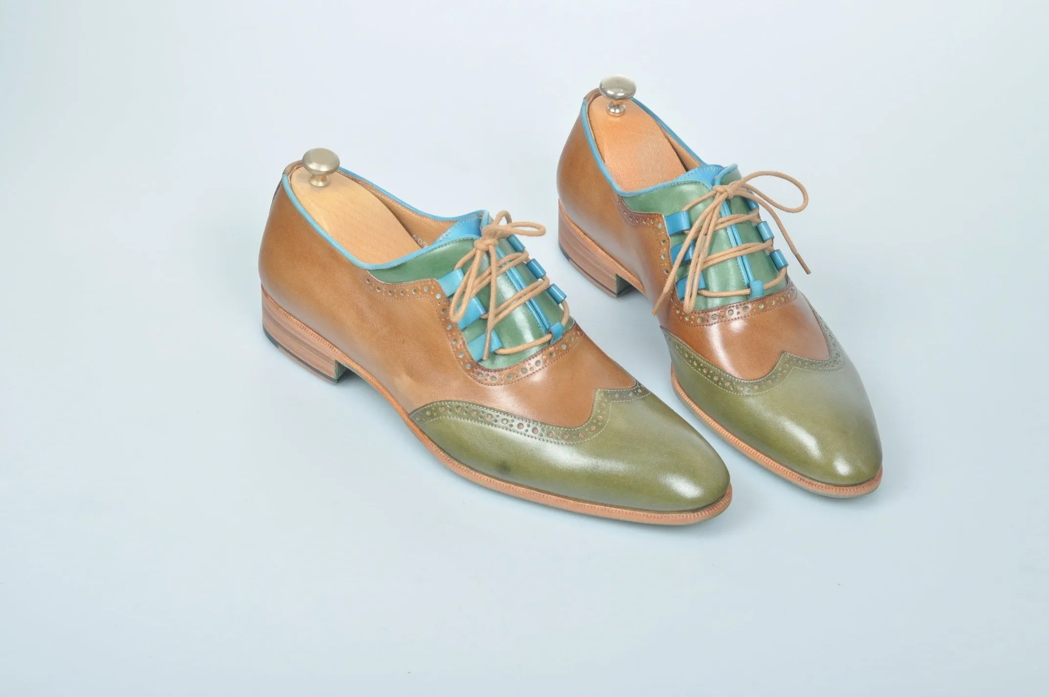 TucciPolo Handmade Luxury Tri-Color Brown and Green with Blue Trim Mens Italian Leather Shoes