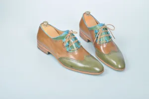 TucciPolo Handmade Luxury Tri-Color Brown and Green with Blue Trim Mens Italian Leather Shoes