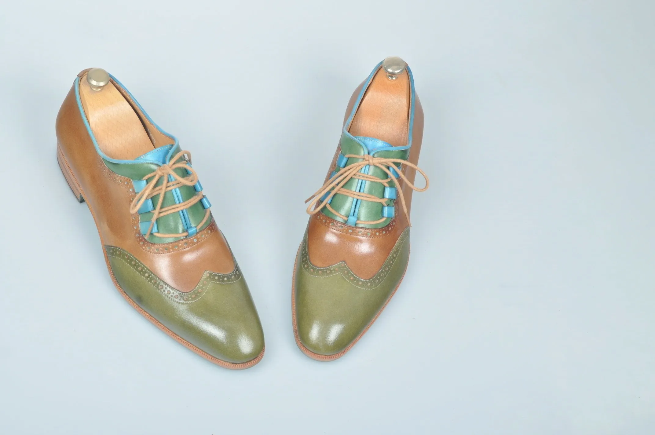 TucciPolo Handmade Luxury Tri-Color Brown and Green with Blue Trim Mens Italian Leather Shoes
