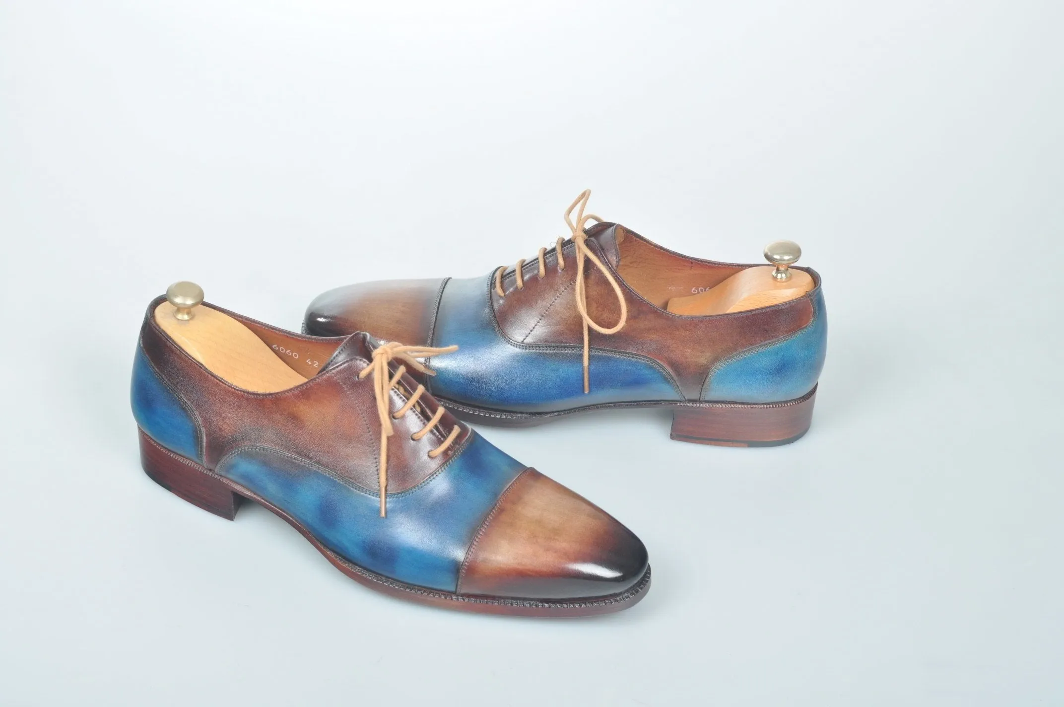 TucciPolo Handmade Luxury Two Tone Brown and Blue Mens Italian Leather Captoe Shoes