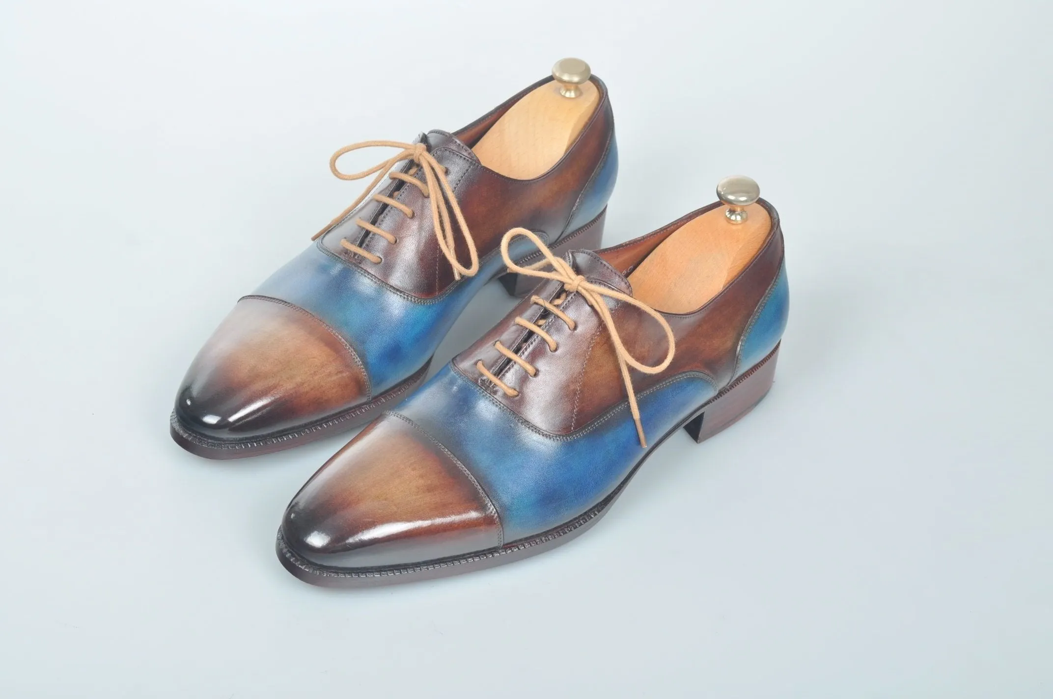 TucciPolo Handmade Luxury Two Tone Brown and Blue Mens Italian Leather Captoe Shoes