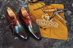 TucciPolo Handmade Mens Stylish Goodyear Welted Two Tone Greenish Brown Luxury Derby Shoe