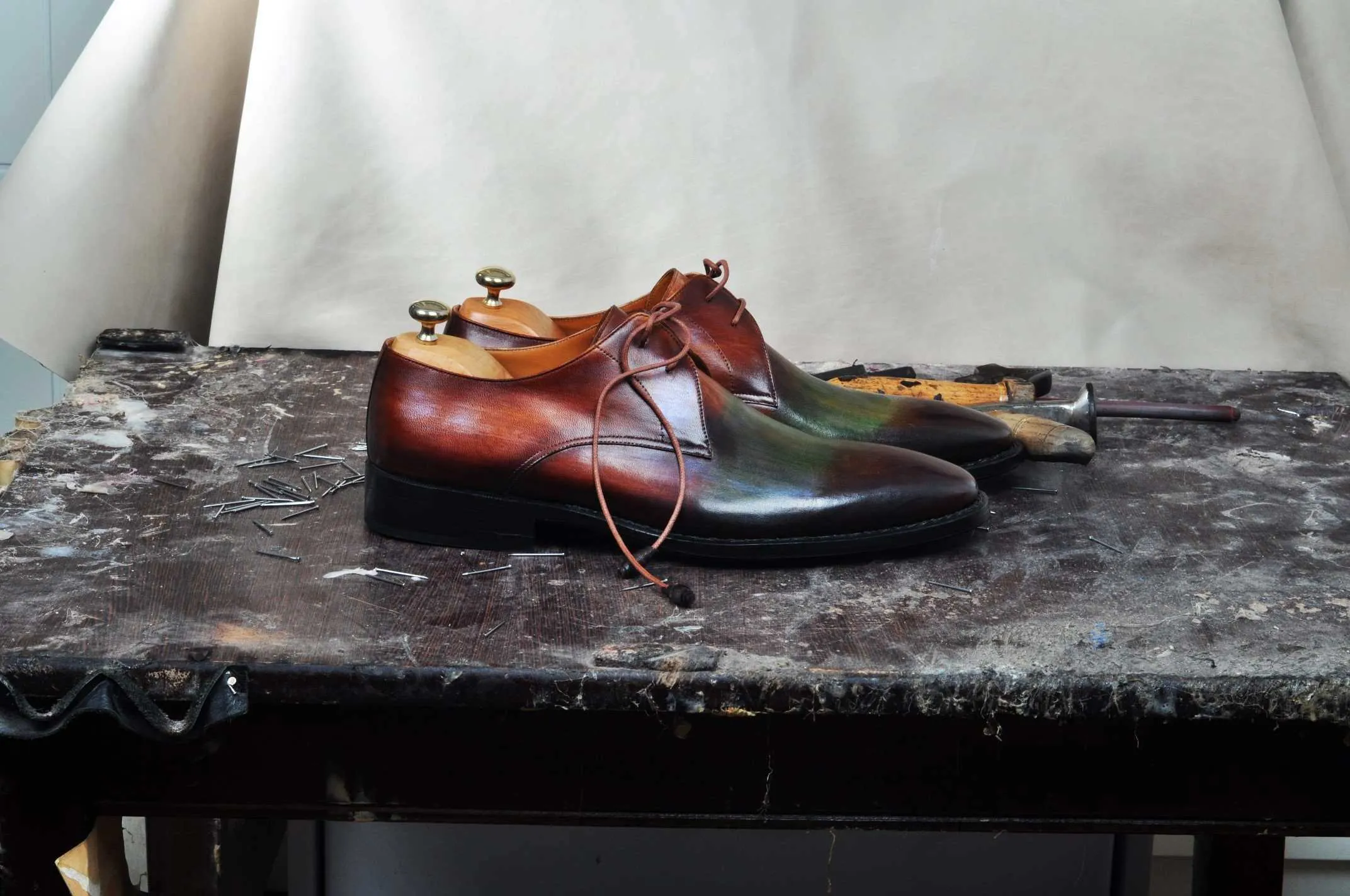 TucciPolo Handmade Mens Stylish Goodyear Welted Two Tone Greenish Brown Luxury Derby Shoe