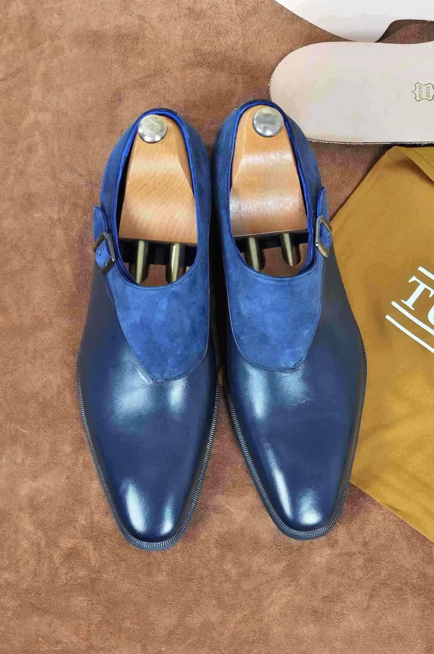 TucciPolo Handmade Single Buckle Monkstrap Mens Luxury Half Suede and Leather Royal Blue Shoe