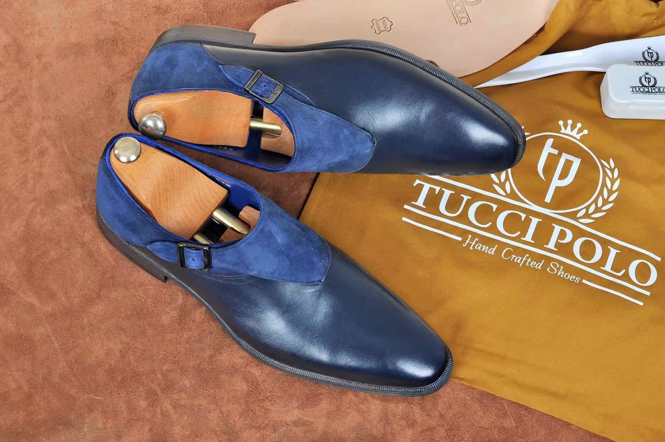 TucciPolo Handmade Single Buckle Monkstrap Mens Luxury Half Suede and Leather Royal Blue Shoe
