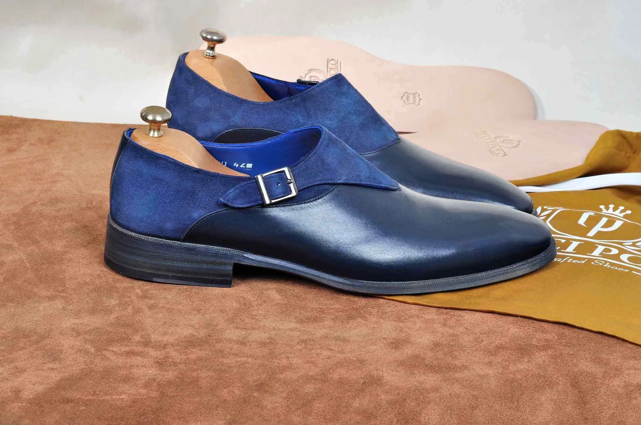 TucciPolo Handmade Single Buckle Monkstrap Mens Luxury Half Suede and Leather Royal Blue Shoe