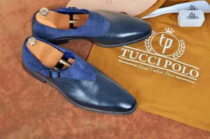 TucciPolo Handmade Single Buckle Monkstrap Mens Luxury Half Suede and Leather Royal Blue Shoe
