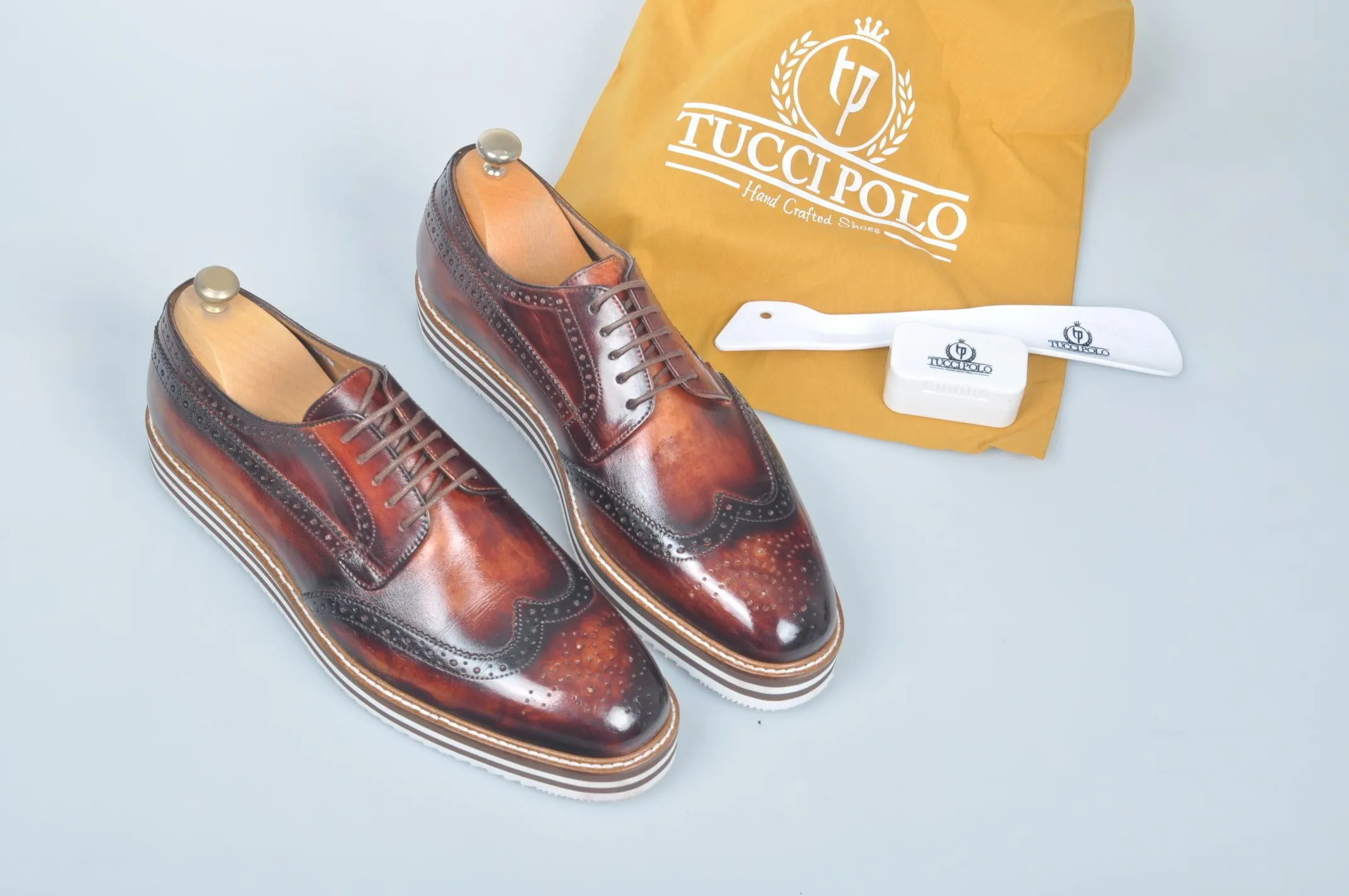 TucciPolo Limited Edition Handmade Sporty Luxury Burnished Brown Wingtip Brogue Mens Italian Leather Sneaker