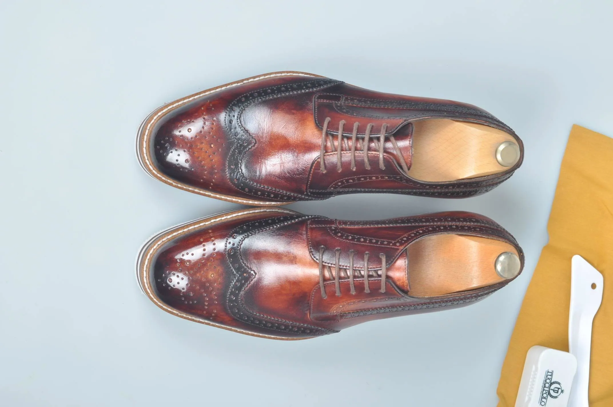 TucciPolo Limited Edition Handmade Sporty Luxury Burnished Brown Wingtip Brogue Mens Italian Leather Sneaker
