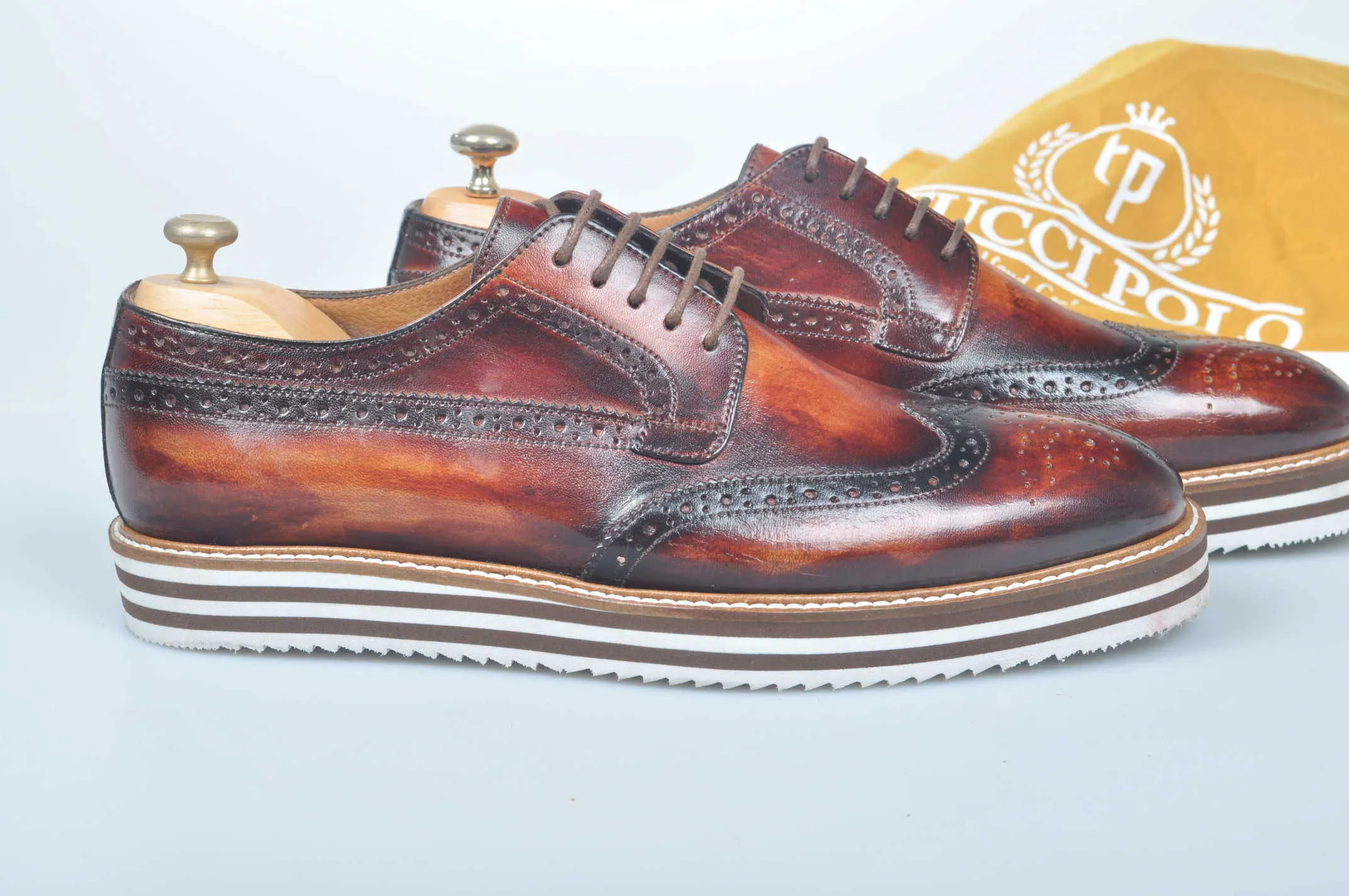 TucciPolo Limited Edition Handmade Sporty Luxury Burnished Brown Wingtip Brogue Mens Italian Leather Sneaker