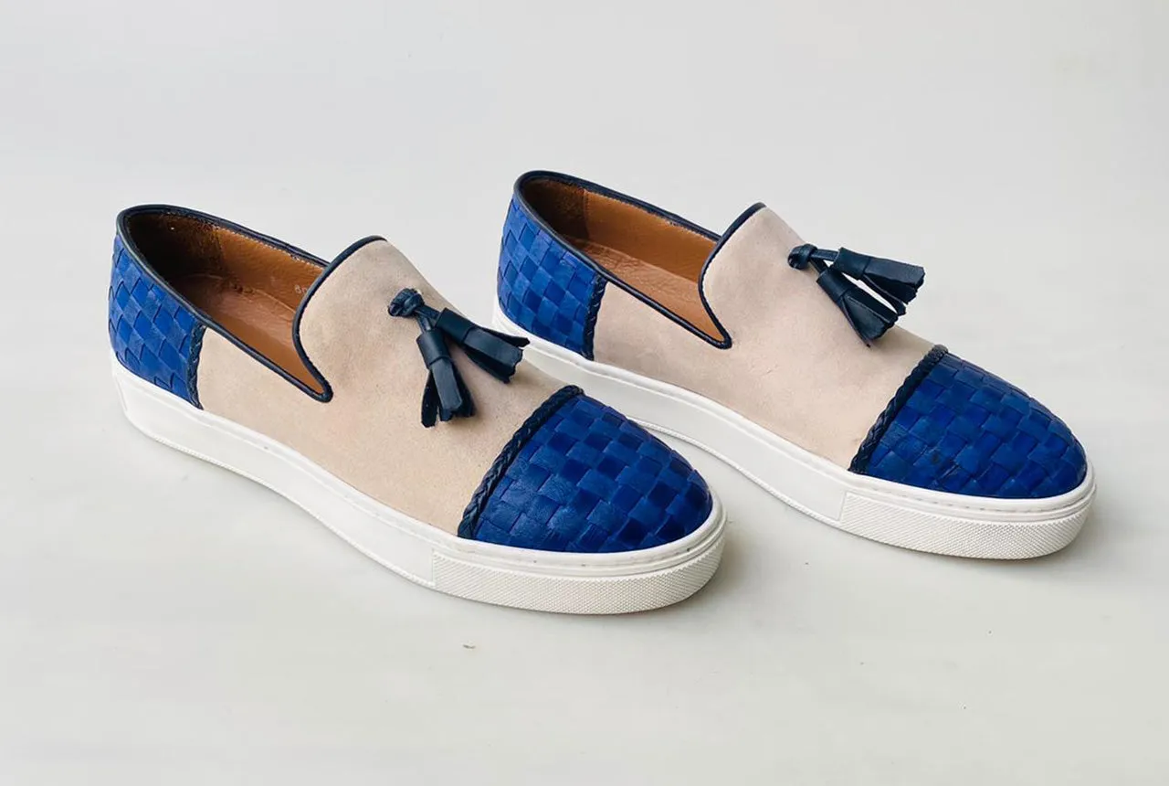 TucciPolo Limited Edition Mens Handcrafted Blue Weave and Beige Suede leather Tassel Slip on Loafer Sneaker