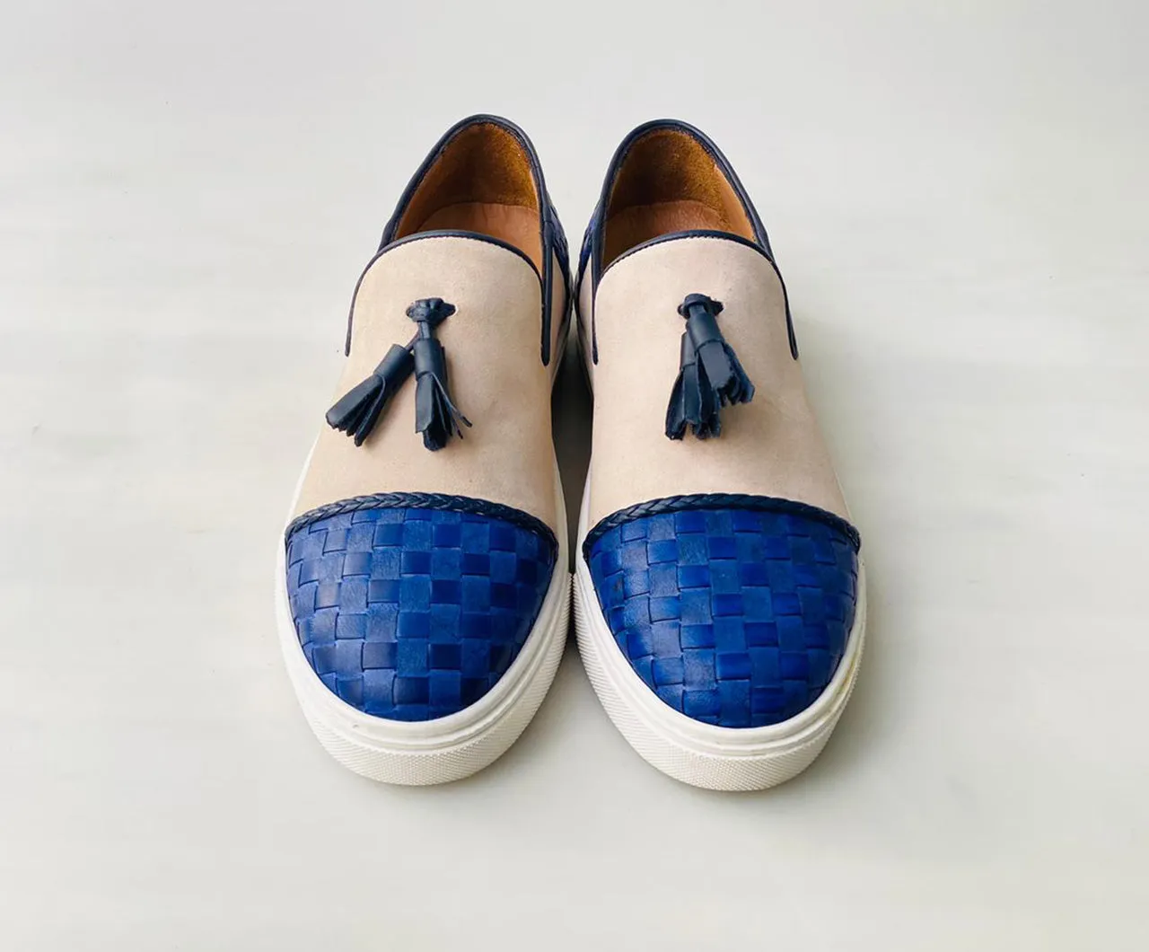 TucciPolo Limited Edition Mens Handcrafted Blue Weave and Beige Suede leather Tassel Slip on Loafer Sneaker