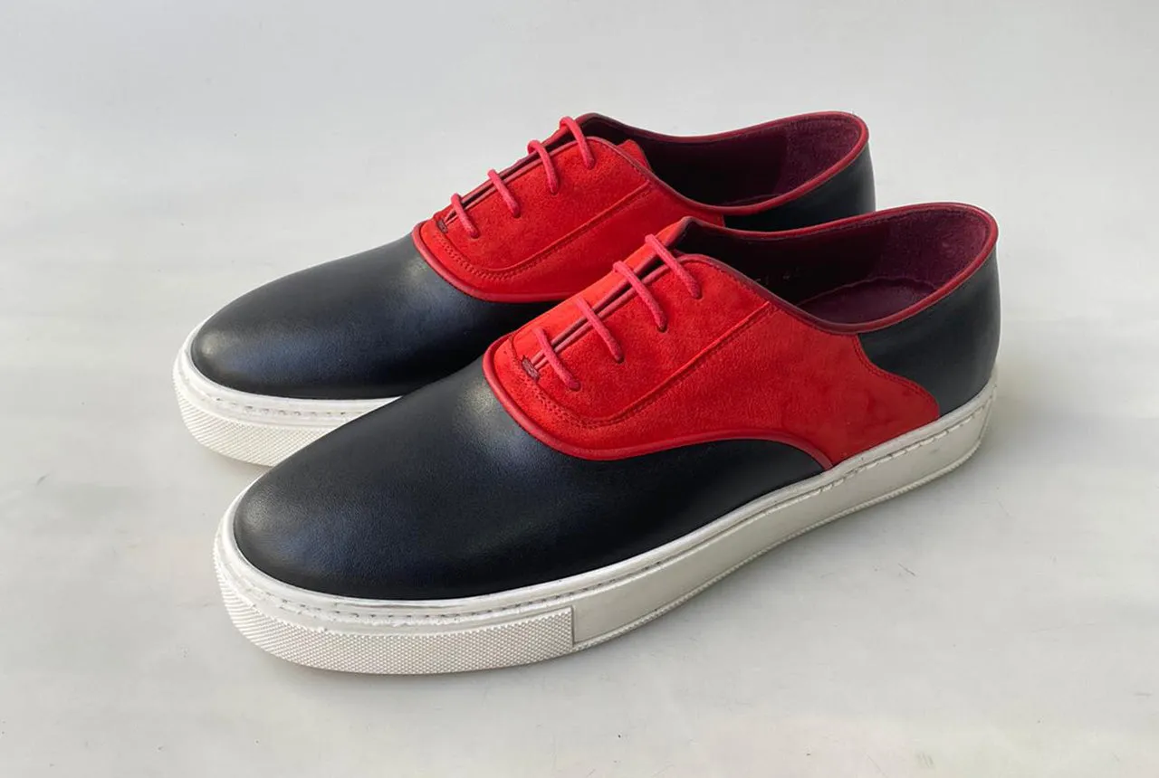 TucciPolo Limited Edition Mens Handcrafted Two tone Black and Red leather Dress Sneaker