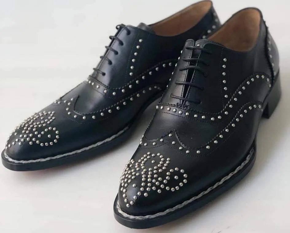 TucciPolo Limited Edition Mens Luxury Studded Black Brogue Italian Leather Handstitched Double Leather Sole Oxford Shoes
