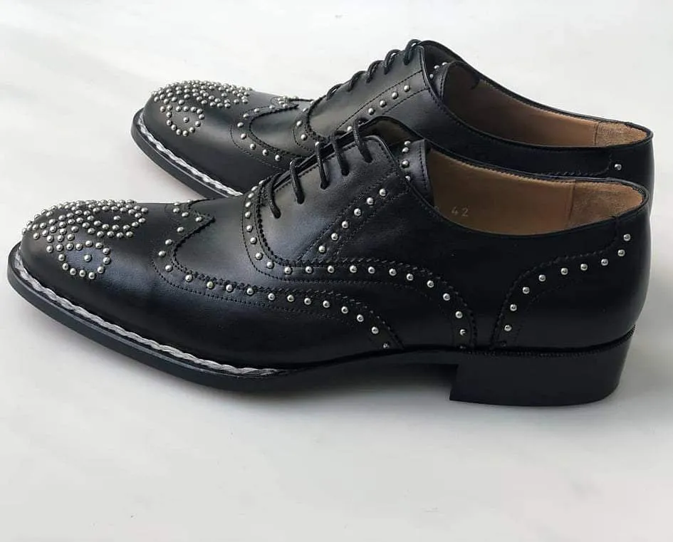 TucciPolo Limited Edition Mens Luxury Studded Black Brogue Italian Leather Handstitched Double Leather Sole Oxford Shoes