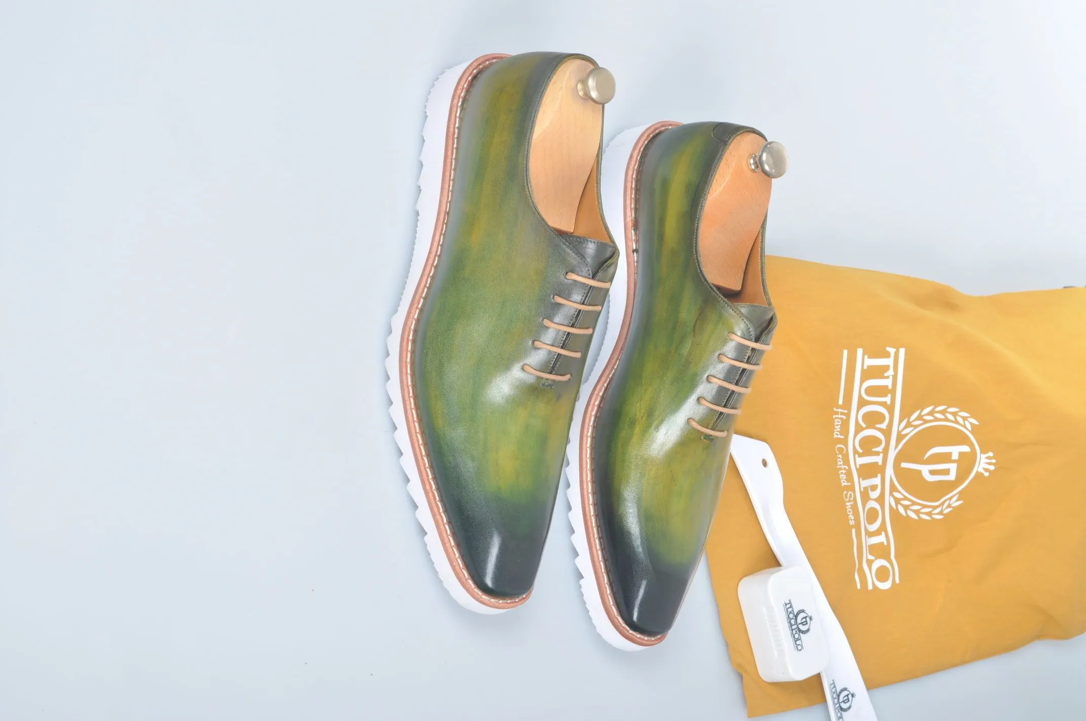 TucciPolo Limited Edition Sporty Handmade Luxury Greenish Mens Italian Leather Oxford Style Sneaker
