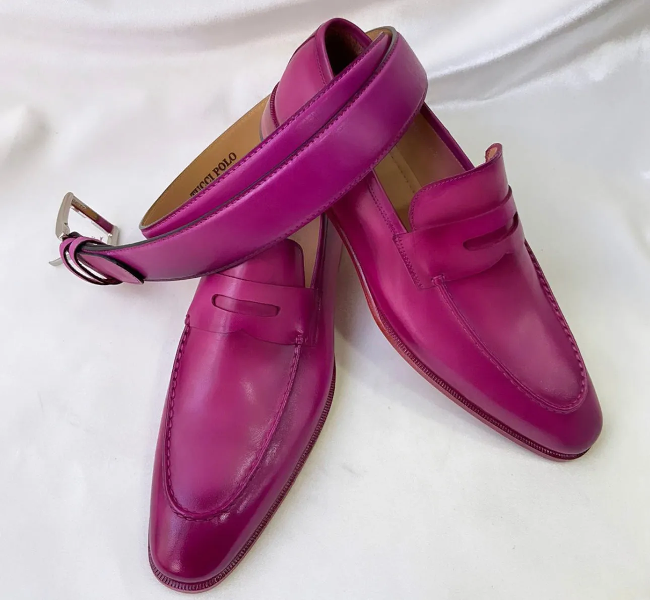 TucciPolo Luma Classic Elegant Purple Pink Italian Leather Mens Luxury Loafer Handmade Shoe with Matching Belt Combo