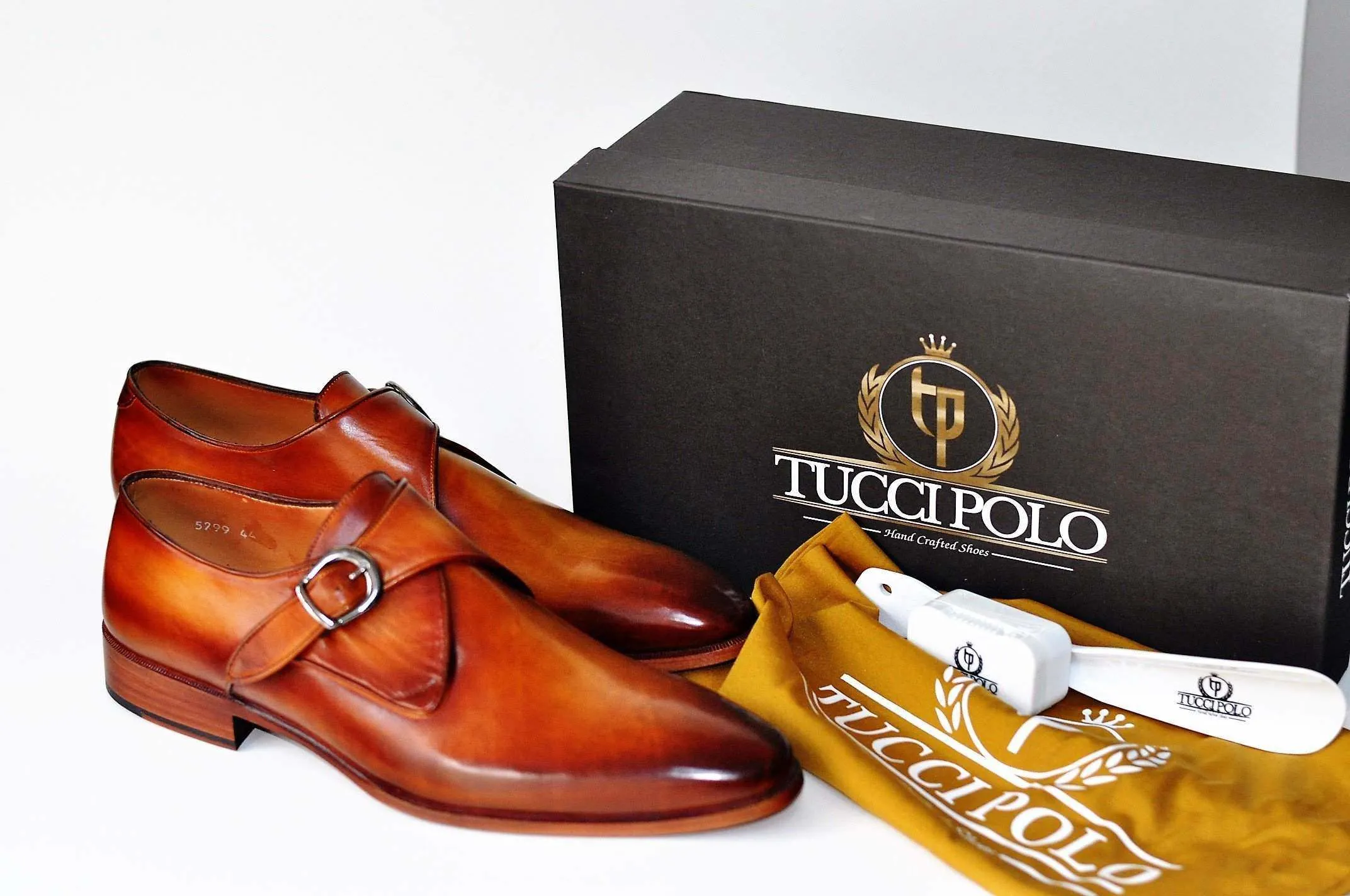 TucciPolo Luxury Mens Handmade Monkstrap Tan Italian Leather Shoe