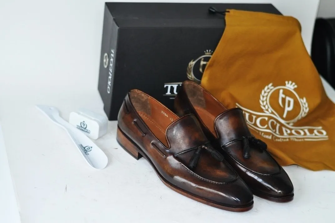 TucciPolo Mens Brown Handcrafted Tassel Italian Calfskin Luxury Loafers