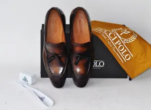 TucciPolo Mens Brown Handcrafted Tassel Italian Calfskin Luxury Loafers