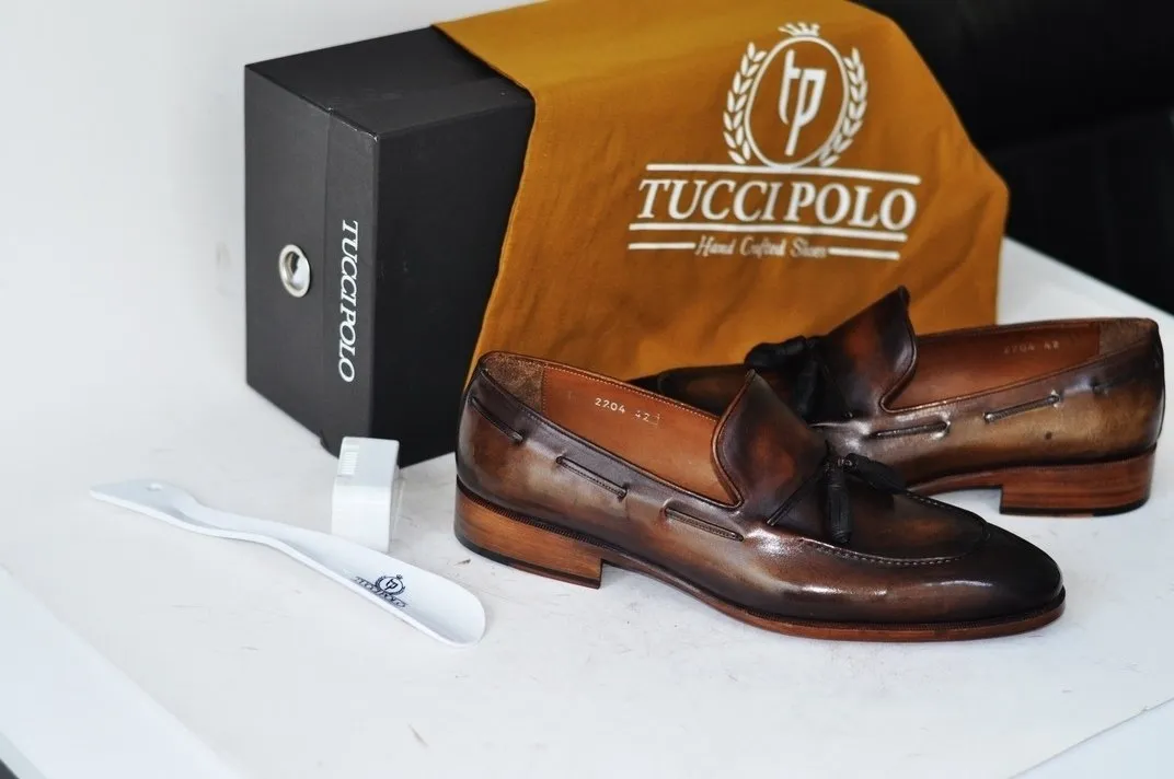 TucciPolo Mens Brown Handcrafted Tassel Italian Calfskin Luxury Loafers