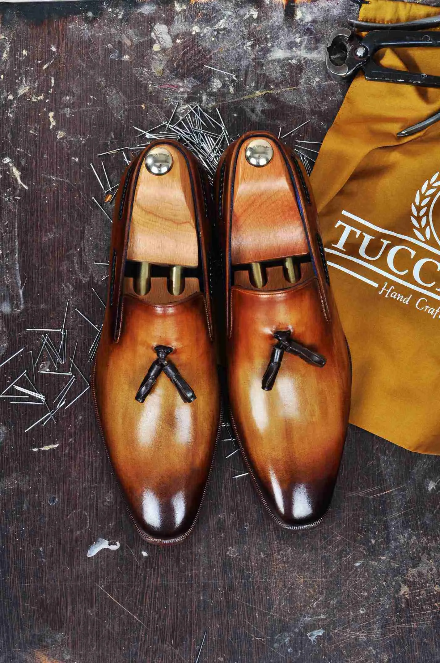 TucciPolo Mens Classic Italian Calf Skin Handmade Tassel Tan Carnel Loafers Shoes