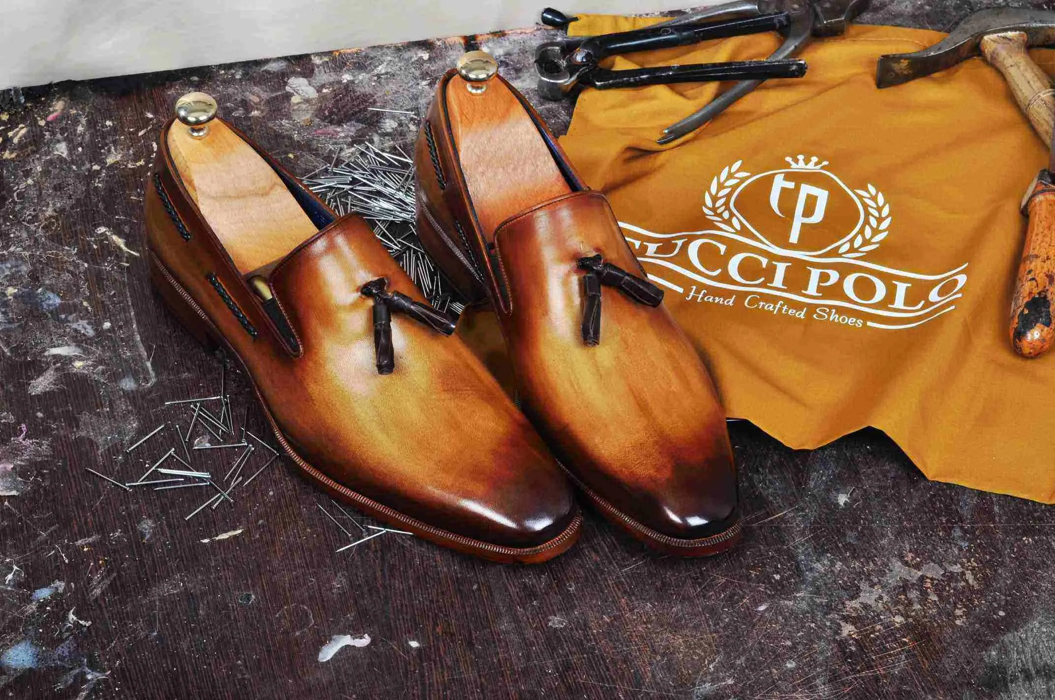 TucciPolo Mens Classic Italian Calf Skin Handmade Tassel Tan Carnel Loafers Shoes