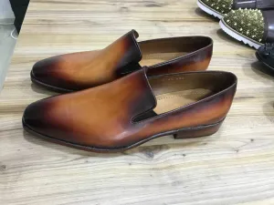 TucciPolo Mens Classic Italian leather Handmade Slip-on burnished brown Loafers Shoes