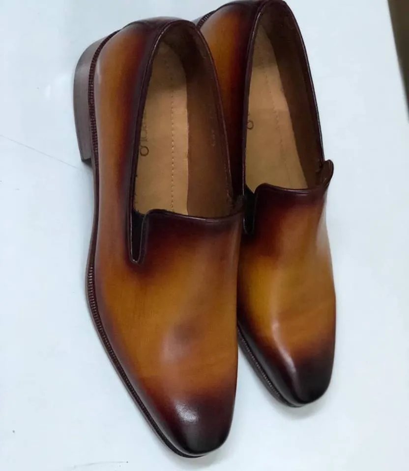 TucciPolo Mens Classic Italian leather Handmade Slip-on burnished brown Loafers Shoes