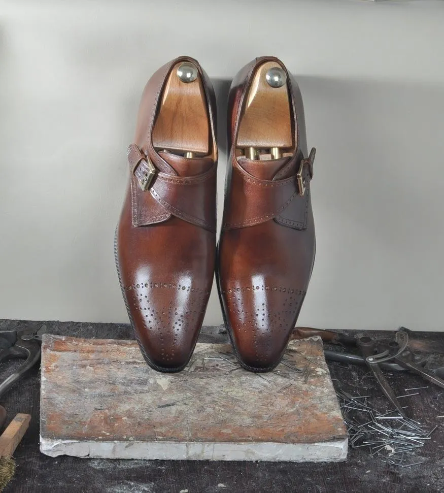 TucciPolo Mens Classic Single Buckle Monkstrap Toe Cap Luxury Handmade Leather Shoe