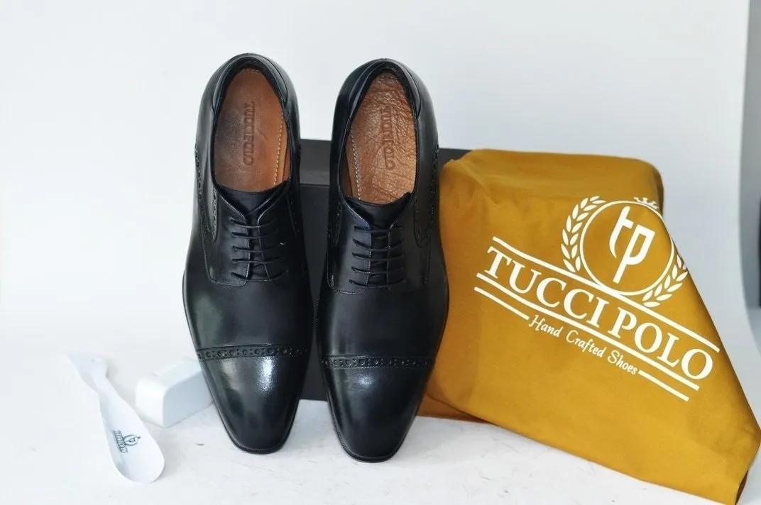 TucciPolo Mens Derby Style Handcrafted Black Leather Luxury Shoes