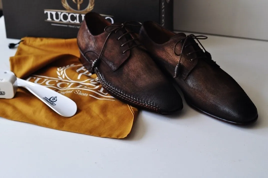 TucciPolo Mens Derby Style Luxury Shoe - Side Handsewn Bleached Brown Suede Upper and Leather Sole
