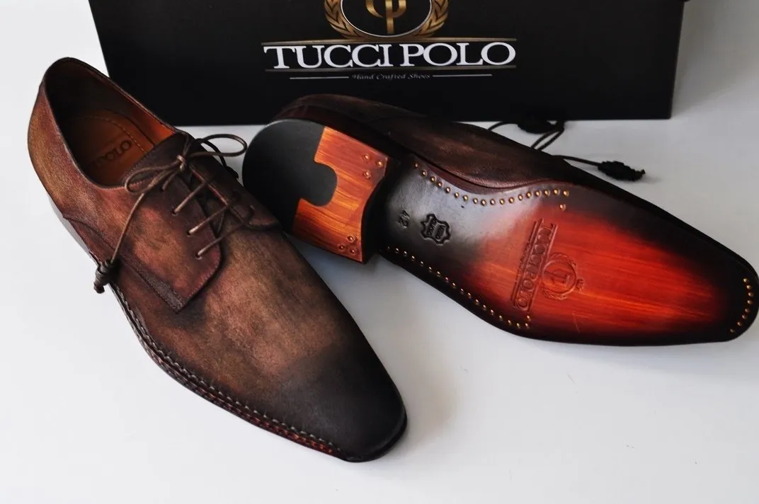 TucciPolo Mens Derby Style Luxury Shoe - Side Handsewn Bleached Brown Suede Upper and Leather Sole