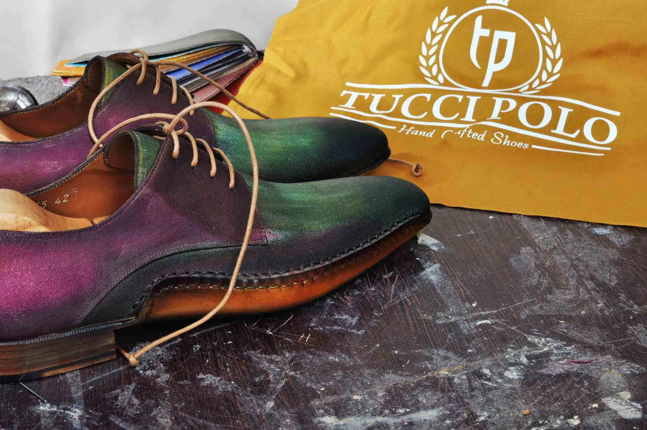 TucciPolo Mens Derby Style Luxury Shoe - Side Handsewn Bleached Greenish Purple Suede Upper