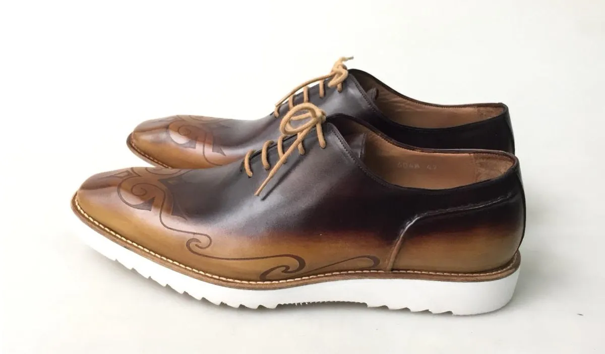 TucciPolo Mens Exclusive Handmade Italian Leather two tone Brown Oxford Style Casual Sneaker Dress Shoes