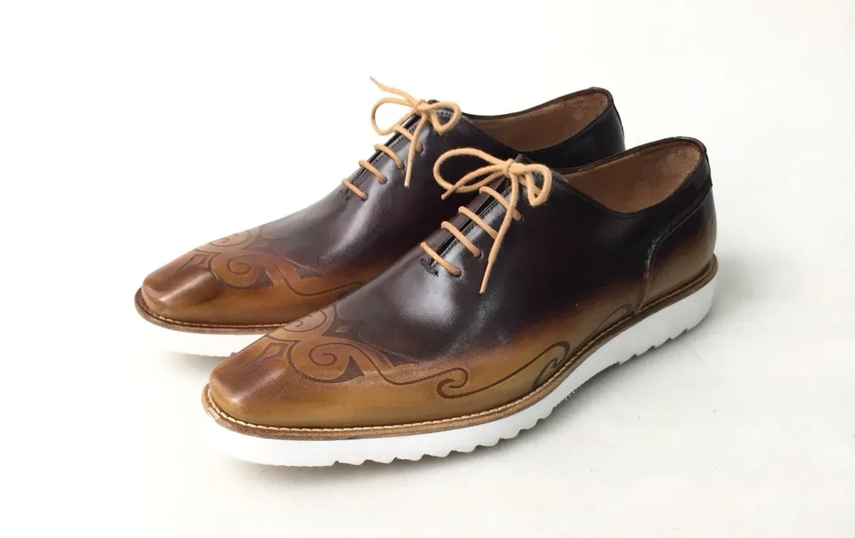 TucciPolo Mens Exclusive Handmade Italian Leather two tone Brown Oxford Style Casual Sneaker Dress Shoes